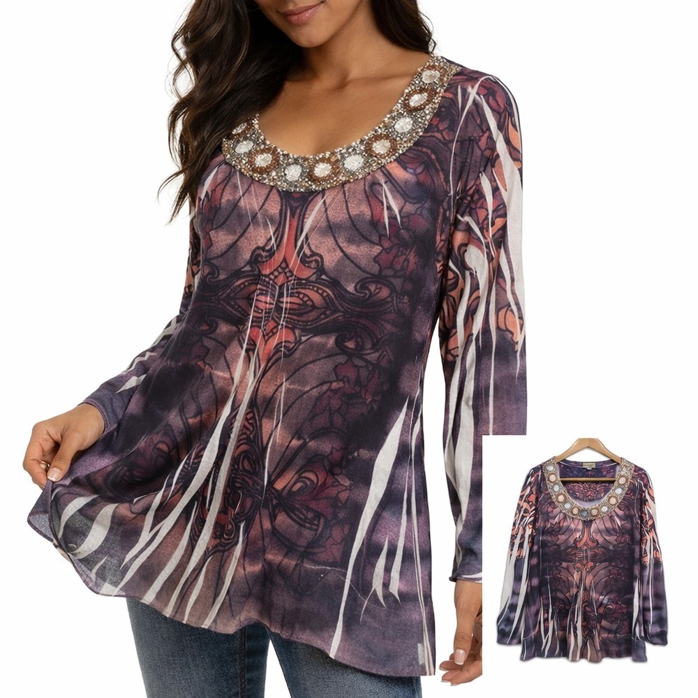 OneWorld Sheer Mesh Tunic Top Beaded Embellished‎ Boho Stretch XL